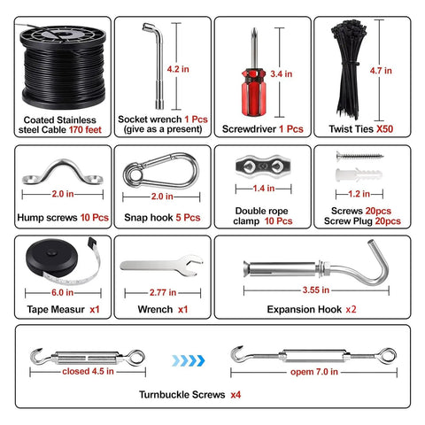 Heavy Duty Outdoor String Light Hanging Kit 170ft Globe Lights Suspension With Expansion Hook Stainless Steel 304 Guide Wire Kit