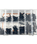 Front view of an automotive vacuum connector assortment kit in a clear case; black nylon vacuum connectors, 12 sizes