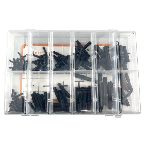 Front view of an automotive vacuum connector assortment kit in a clear case; black nylon vacuum connectors, 12 sizes