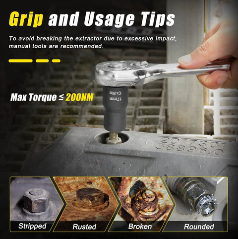 17mm Lug Nut Remover For Stripped Bolts And Rounded Nuts Wheel Lock Removal Kit in use, shown with manual wrench and rusted nut.