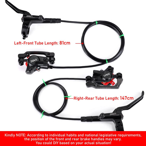 TOBWOLF hydraulic MTB disc brake kit with 160mm rotors; left-front hose 81cm, right-rear 147cm, aluminum calipers and levers