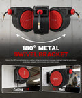 Heavy Duty Retractable Air Hose Reel With Smooth Auto Rewind 3/8 X 50 Feet Max 300 PSI showing 180° metal swivel bracket for wall or ceiling mount.