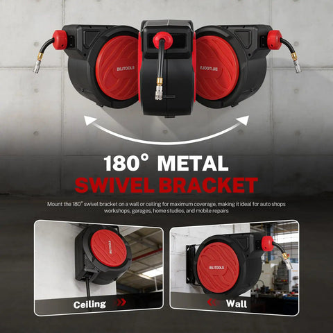 Heavy Duty Retractable Air Hose Reel With Smooth Auto Rewind 3/8 X 50 Feet Max 300 PSI showing 180° metal swivel bracket for wall or ceiling mount.