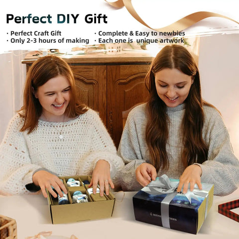 Two women opening boxes containing the Dope Ocean Beach UV Resin Art Kit For Adults And Teens, perfect DIY craft gift set.