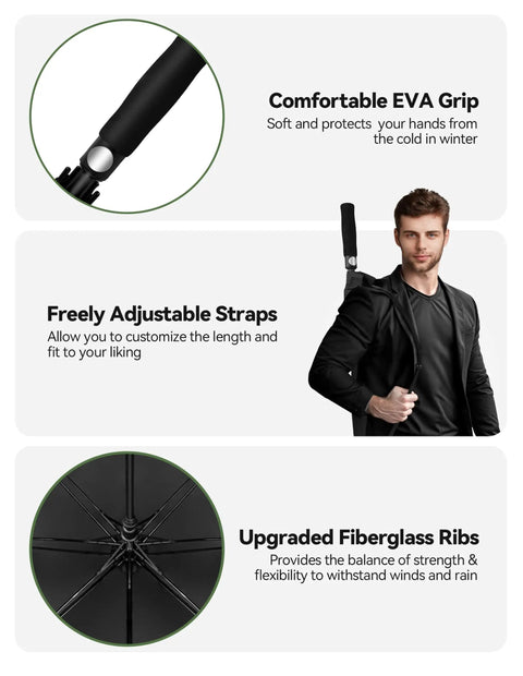 Big Ole Golf Umbrella With Auto Open And Windproof Canopy Thick Waterproof UV Shield shown with features and man holding it