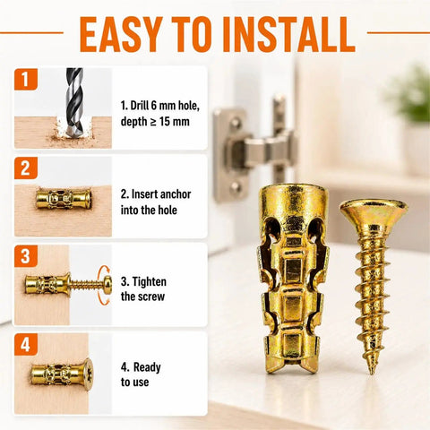 Installation steps for 6x14mm Short Expansion Screw Set For Cabinet Hinge Repair And Stripped Thread Restoration