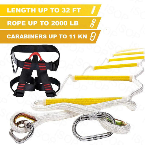 Emergency Fire Escape Ladder For 4 Story Homes 32 Feet Reach Flame Resistant Rope With Safety Cord And Security Belt