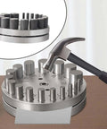 Circular Disc Cutter Set For Metalworking Heavy Duty Punch Die Kit for jewelry making with hammer and dies on table.