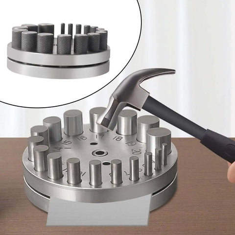 Circular Disc Cutter Set For Metalworking Heavy Duty Punch Die Kit for jewelry making with hammer and dies on table.