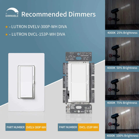 Image features recommended dimmers for dimmable 6W Edison Tubular LED Bulbs T10 T30 with brightness settings from 25% to 100%.