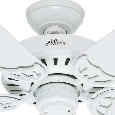 Close-up of Bridgeport 52 Inch Indoor Outdoor Ceiling Fan With Pull Chain, Damp Rated, White Finish, highlighting motor and blades