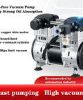 Front view of oil-free vacuum pump with copper motor, thick cylinder for small industrial use, quiet air extraction, and test room filtration.