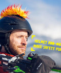 Man wearing Iguana Themed Helmet Mohawk Accessory With Sticky Hook And Loop Fastener Adhesive Easy To Attach And Remove Helmet