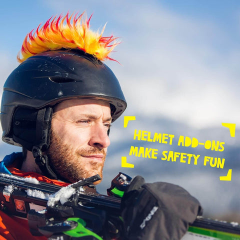 Man wearing Iguana Themed Helmet Mohawk Accessory With Sticky Hook And Loop Fastener Adhesive Easy To Attach And Remove Helmet