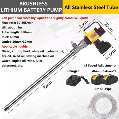 Heavy Duty 60-80L Min Electric Barrel Drum Pump Fast Fluid Transfer Machine With Nine Point Eight Ft Hose Brushless Motor Three Speed Adjustment For Oil Water Wine And Chemicals Industrial Grade Stainless Steel