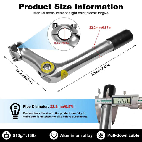 Silver Bike Quill Stem 22.2mm Clamp Adjustable With 180mm Reach And 110mm Extension shown with measurements and features