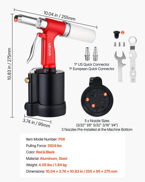 Heavy Duty Pneumatic Rivet Gun Kit With Five Jaw Sets For Quick Fastening, red and black aluminum tool for auto repair.