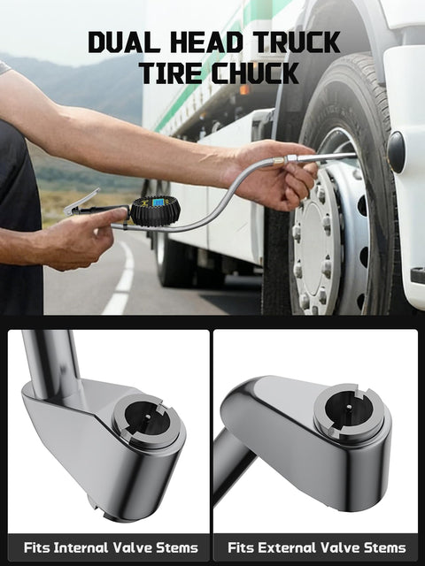 Digital Tire Inflator With Pressure Gauge 200 PSI Auto Shutoff LED Flashlight 7 Piece Heavy Duty Air Tool Set Lock On Dual Head Chuck