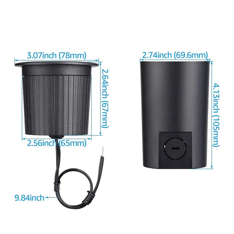 Dimensions of 12 Pack 7W LED Landscape Well Lights, 720LM, 12-24V AC/DC Low Voltage, CRI90, IP67 Waterproof, Black Aluminum Housing