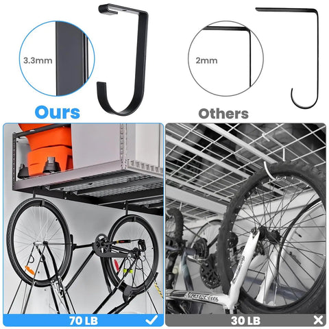 Comparison of 6 Pack Heavy Duty Bike Hooks For Garage Ceiling With Screws Included, 70 Lbs Capacity Per Hook and standard 30 lbs hooks