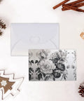 Floral Graphite Print Greeting Cards Half Fold For All Occasions In White Photo Paper 4x6 Inches with envelope and decorations