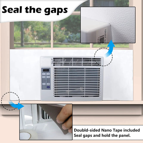 Window Air Conditioner Side Insulation Foam Panel Kit, One Piece Full Surround Seal, shown sealing AC with leather pattern PVC.