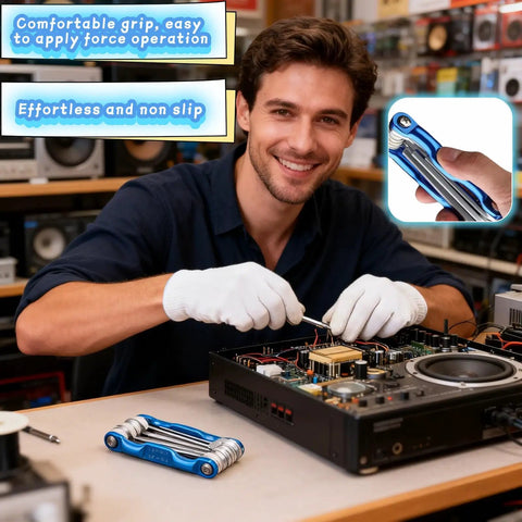 Technician using 8-In-1 Folding Hex Key Set With Carabiner, CR-V Steel Metric Allen Wrenches 1.5-6mm for electronics repair