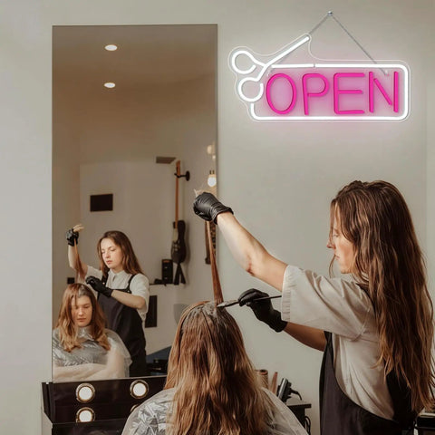 Pink Hair Salon Neon Light Open Sign LED Barbershop Sign USB Powered Colorful Light Up For Beauty Room Salon Store Cafe Club Hotel