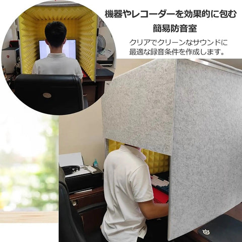 Ditch The Echo And Capture Clean Vocals With This Portable Foldable Microphone Isolation Shield Soundproof Booth High Density Foam Panel For Desktop Podcasting Setup, user behind soundproof booth.