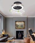 Enclosed 16 Inch Flush Mount Ceiling Fan With Lights, Low Profile Dope Black And Brushed Nickel Finish in cozy living room