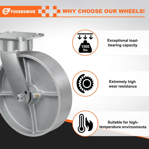 Hardcore 8 Inch Kingpinless Casters 10000 Lbs Capacity Set Of 4 Cast Iron Swivel Wheels With Roller Bearing showcasing load capacity features.