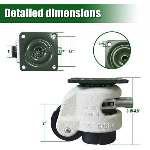 Detailed dimensions of Heavy Duty Leveling Casters With Ratchet Handle Set Of 4 2200 Lb Capacity Steel Core, showing height and length measurements.