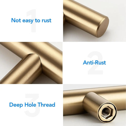 Champagne Bronze Cabinet Handles With 3 Inch Hole Spacing Stainless Steel Drawer Pulls showing anti-rust and deep hole thread features.