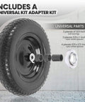 Flat Free Wheelbarrow Tire And Wheel Set, 14.5 Inch Solid Wheel With 3 Inch Hub, shown with universal adapter kit