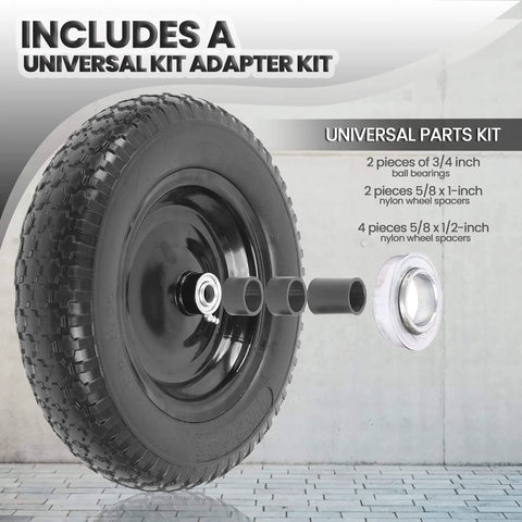 Flat Free Wheelbarrow Tire And Wheel Set, 14.5 Inch Solid Wheel With 3 Inch Hub, shown with universal adapter kit