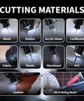 KUSOLE ultrasonic cutting blade collage showing materials: wood, rubber, acrylic, cardboard, fabric, plastic, leather.