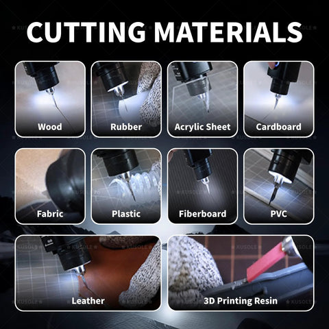 KUSOLE ultrasonic cutting blade collage showing materials: wood, rubber, acrylic, cardboard, fabric, plastic, leather.