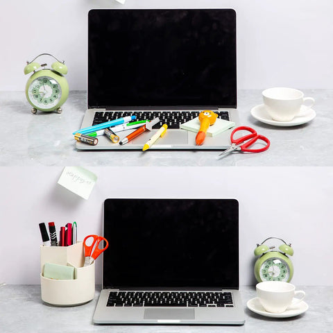360 Degree Rotating Pen Holder With Three Slots on desk with organized pens, pencils, and markers beside laptop and green clock.