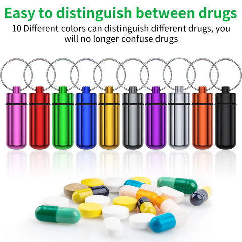 10 Pack Portable Aluminum Pill Case With Keychain in 10 colors, beside assorted pills, for outdoor camping travel, dry safe storage.