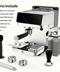 Parts of the Semi Automatic Dual Boiler Espresso Machine With Auto Milk Frother including portafilter, tamper, and milk reservoir.