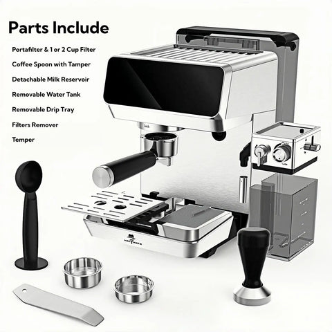 Parts of the Semi Automatic Dual Boiler Espresso Machine With Auto Milk Frother including portafilter, tamper, and milk reservoir.