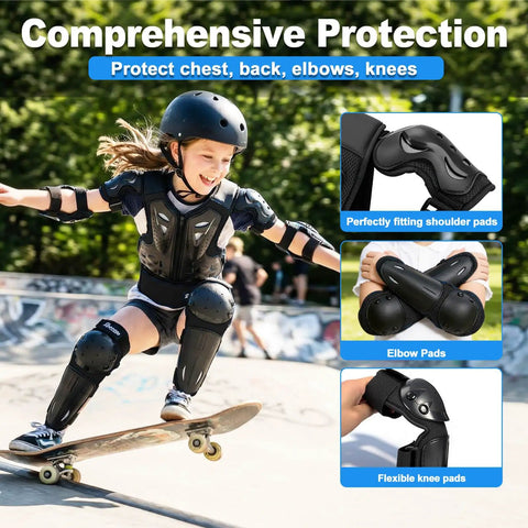 Young Riders Four Piece Motorcycle Armor Set With Vest Chest Protector And Knee Elbow Pads For Dirt Bike Motocross BMX ATV Cycling Scooters And Skateboards Black, worn by a child skateboarding.