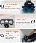 Cordless 18 Inch Walk Behind Floor Scrubber With Dual Brushes, 120 Minute Battery Power, features dual brush plate, control panel, charging port.