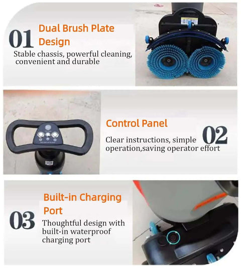 Cordless 18 Inch Walk Behind Floor Scrubber With Dual Brushes, 120 Minute Battery Power, features dual brush plate, control panel, charging port.