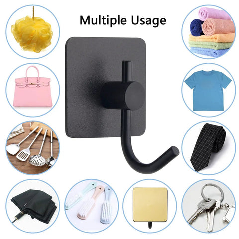 Heavy Duty J Shape Towel Hooks 6 Pack Black Aluminum Self Adhesive Wall Mounted Coat Robe Hooks with multiple use examples