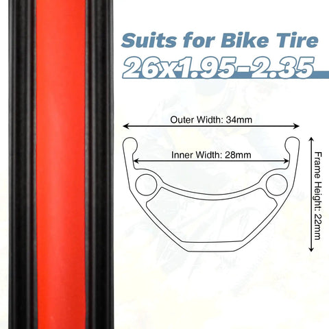 Cross-section diagram of 26-inch mountain bike wheel set rim with dimensions, fits 26x1.95-2.35 tires, quick release aluminum double wall