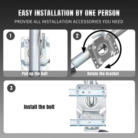 Road DAWG trailer jack with wheel; bolt-on steel trailer tongue jack, installation steps diagram.