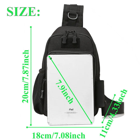 Compact Fishing Sling Bag With Rod Holder And Tackle Storage Water Resistant Nylon Crossbody Pack For Anglers shown with dimensions