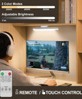 Rechargeable Touch Light Bar With Remote Dimmable LED for desk with computer monitor showing game, mounted above screen.