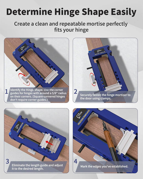 Step-by-step guide using All In One Door Hinge Jig Kit For Quick Mortises Fits Three To Five Inch Hinges And One Quarter Or Five Eighths Inch Door Thickness Router Template For Easy Install Flush Round And Square Corner Hinge Mortises In A Pro Grade Durable Blue.